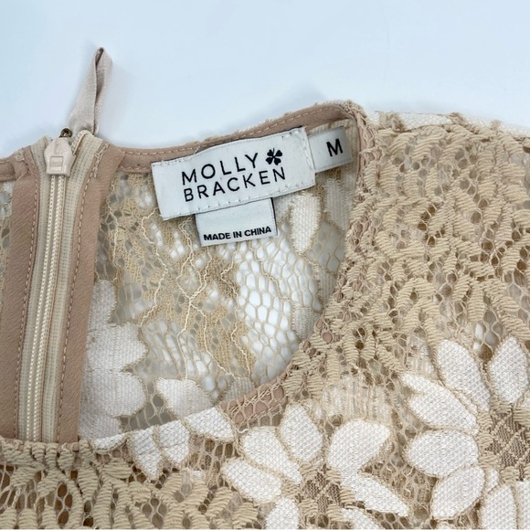 Molly Bracken Tan Cream Crochet Flower Modest Classic Preppy Sheath Dress Med - Picture 11 of 14